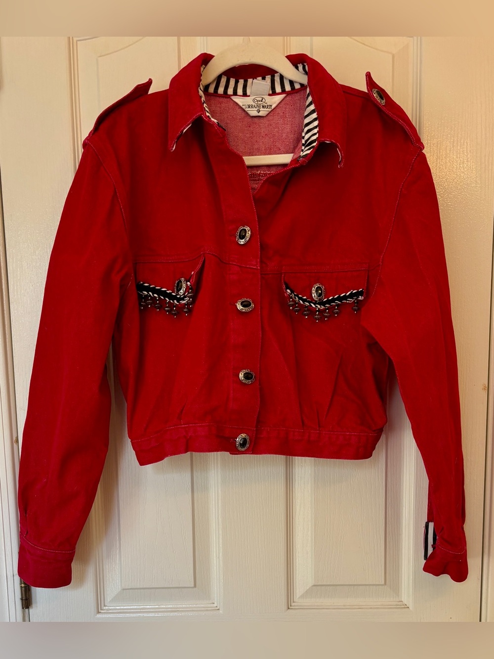 Vintage Red & Black Embellished Jean Jacket ~ Women’s Large ~ Vintage 80s